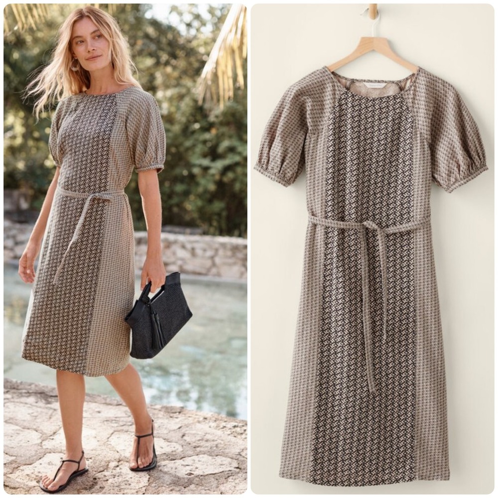Garnet Hill Womens Imogen 100%‎ Linen Geometric Boho Beachy Midi Dress Size S